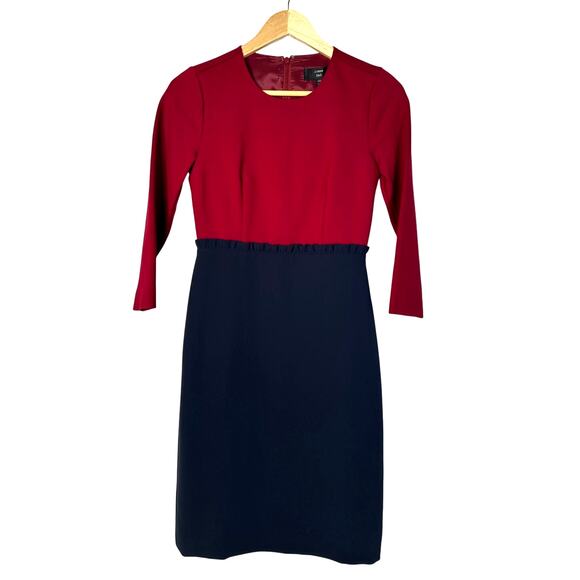 NWT! J. Crew Womans 00 Color Block Bodycon Pencil Dress Long Sleeve Maroon Blue - Picture 1 of 6